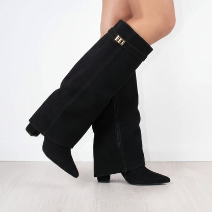 Nena Women's Knee High Boots | Wide Flare Top, Block Heel