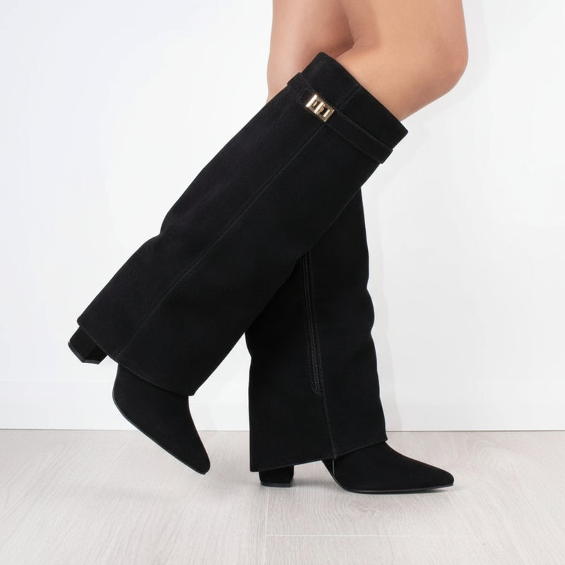 Nena Women's Knee High Boots | Wide Flare Top, Block Heel