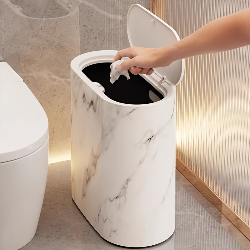 Modern Marble Pattern Trash Can with Lid – Stylish Oval Kitchen and Bathroom Garbage Bin 3