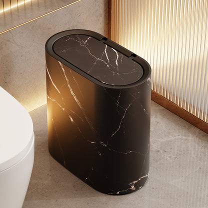 Modern Marble Pattern Trash Can with Lid – Stylish Oval Kitchen and Bathroom Garbage Bin 7