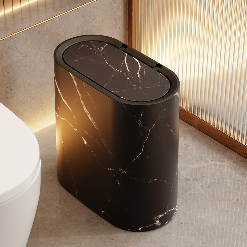 Modern Marble Pattern Trash Can with Lid – Stylish Oval Kitchen and Bathroom Garbage Bin 9
