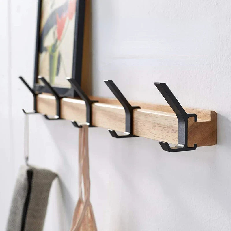 Nordic Wall-Mounted Coat Rack with Adjustable Hooks – Black and Natural Wood Finish 0