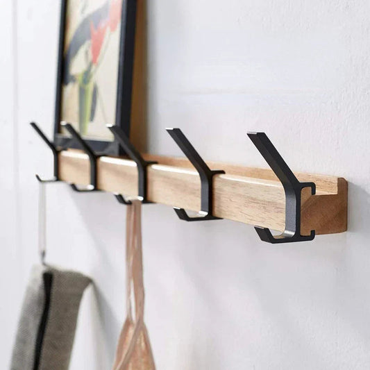 Nordic Wall-Mounted Coat Rack with Adjustable Hooks – Black and Natural Wood Finish 0