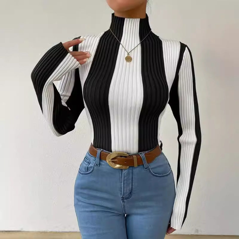 Ines Women's Striped Sweater | Mock Neck, Long Sleeve
