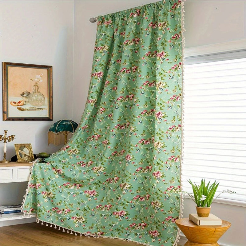 Pastoral Green Rose Tassel Curtain | Semi-Sheer, Room Divider