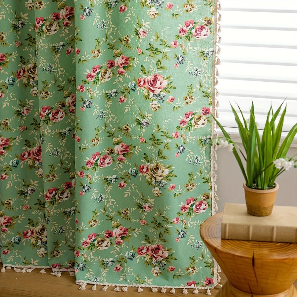 Pastoral Green Rose Tassel Curtain | Semi-Sheer, Room Divider