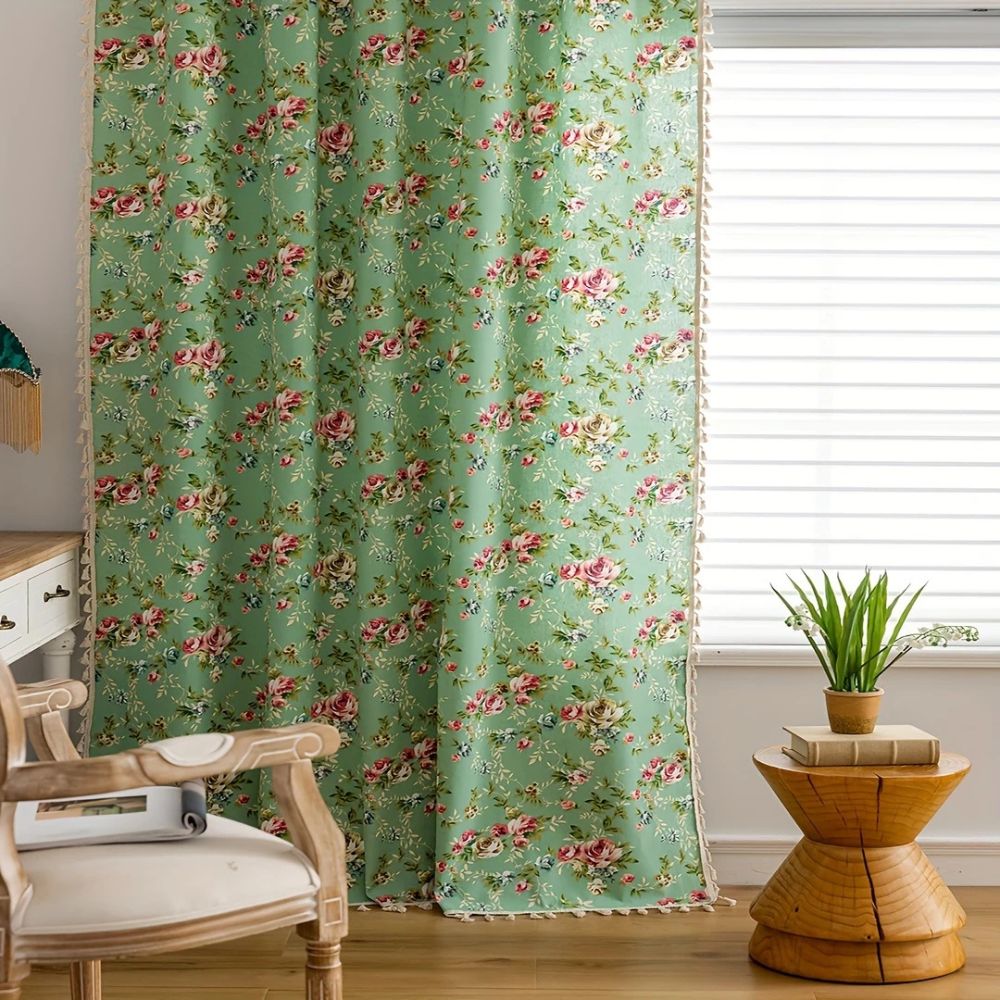Pastoral Green Rose Tassel Curtain | Semi-Sheer, Room Divider