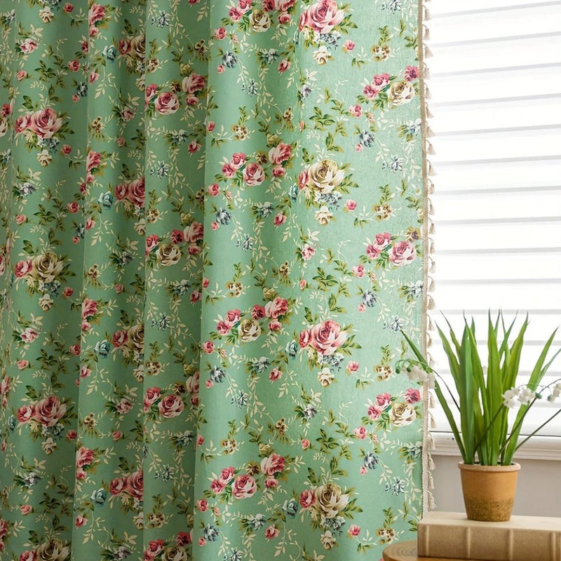 Pastoral Green Rose Tassel Curtain | Semi-Sheer, Room Divider
