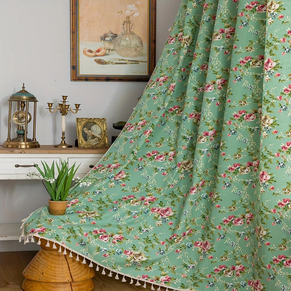 Pastoral Green Rose Tassel Curtain | Semi-Sheer, Room Divider