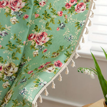 Pastoral Green Rose Tassel Curtain | Semi-Sheer, Room Divider