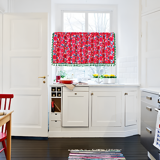 Graceful Red Floral Cabinet Curtain | Cotton-Linen, Tassel Tier