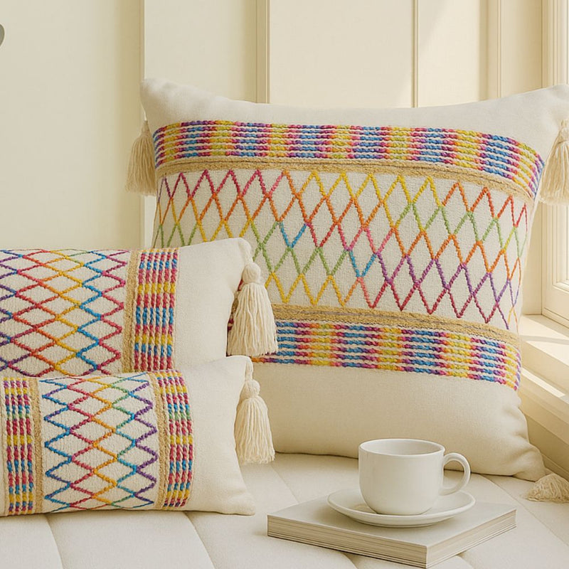 Wren Rainbow Lattice Tassel Cushion Cover | Tassel Trim, Living Room