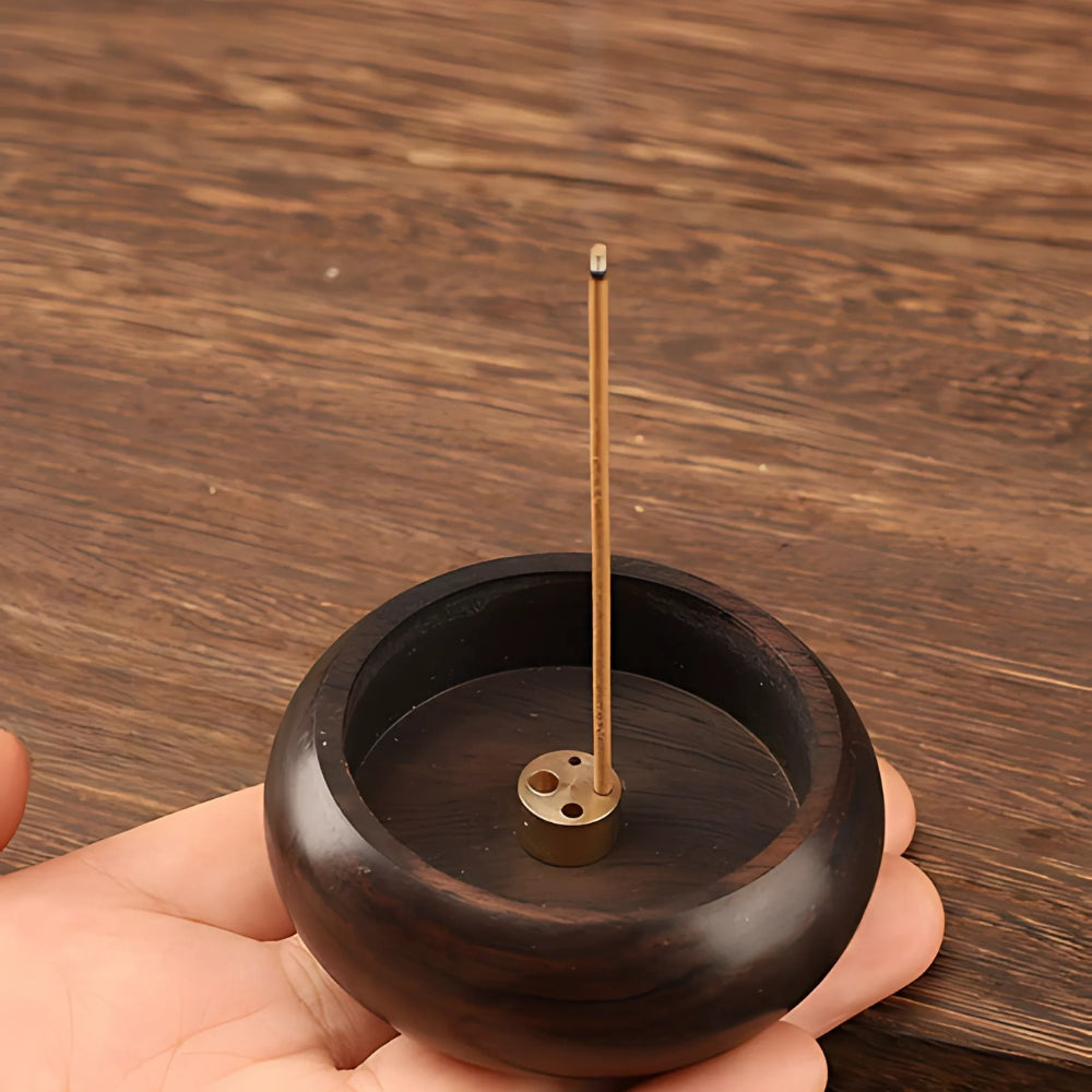 Solid Wood Incense Stick Holder with Brass Insert