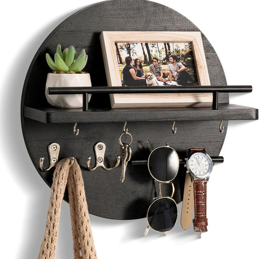 Round Wooden Key Holder for Wall – Eco-Friendly Key Organizer with Hooks and Shelf – Modern Scandinavian Design 1