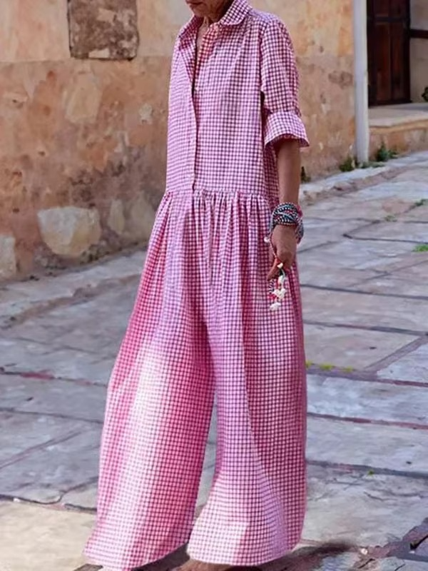 Nell Women's Wide Leg Jumpsuit | Plaid, Lapel