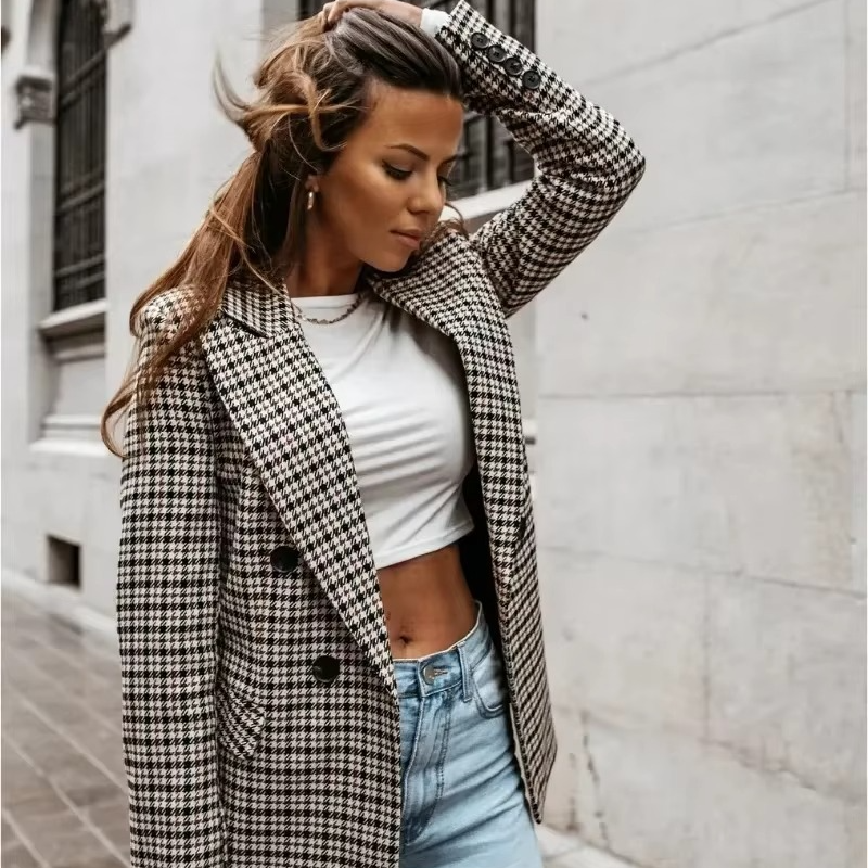 Elena Women's Plaid Blazer - fabric and finish detail