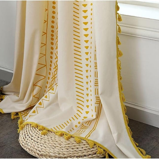Solstice Loom Artisan Tassel Curtain | Embroidered Grid, Blackout