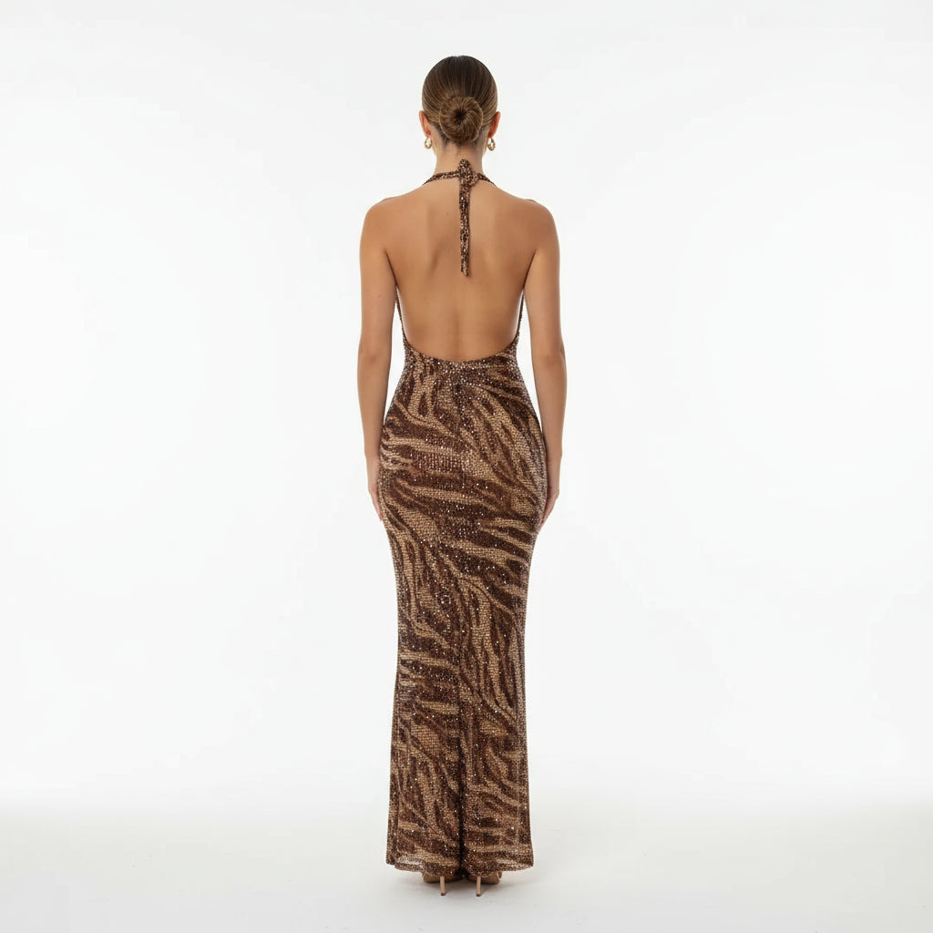 Sophie Women's Formal Maxi Dress | Sequined Leopard Print, Elegant