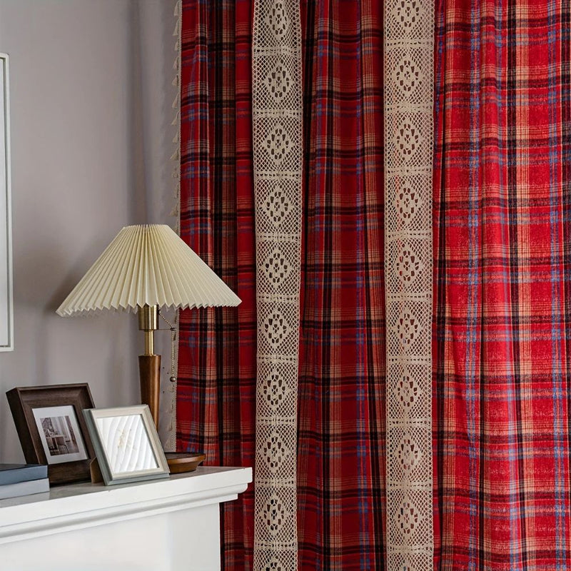 Tartan Crochet Lace Tassel Curtain | Vintage Plaid, Semi-Shade