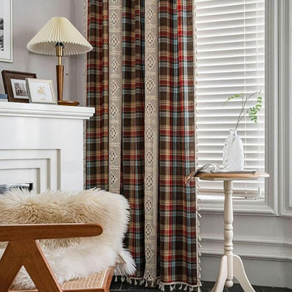 Tartan Crochet Lace Tassel Curtain | Vintage Plaid, Semi-Shade