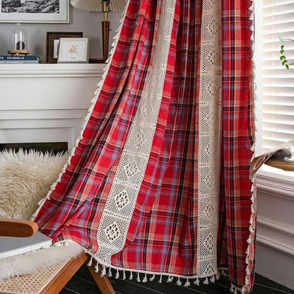 Tartan Crochet Lace Tassel Curtain | Vintage Plaid, Semi-Shade