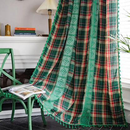 Tartan Crochet Lace Tassel Curtain | Vintage Plaid, Semi-Shade