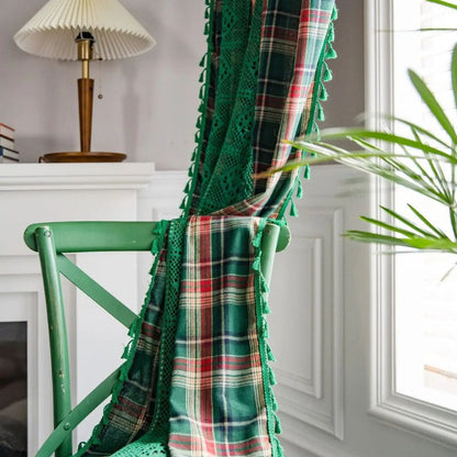 Tartan Crochet Lace Tassel Curtain | Vintage Plaid, Semi-Shade