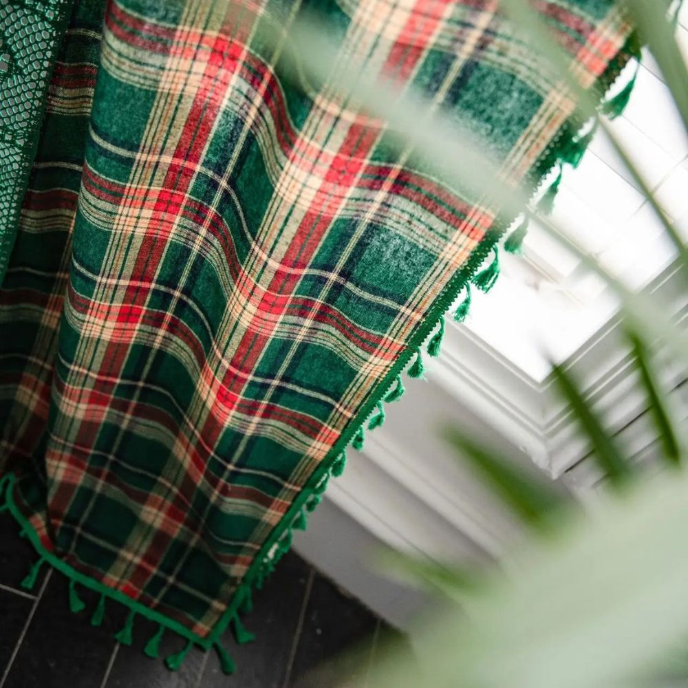 Tartan Crochet Lace Tassel Curtain | Vintage Plaid, Semi-Shade