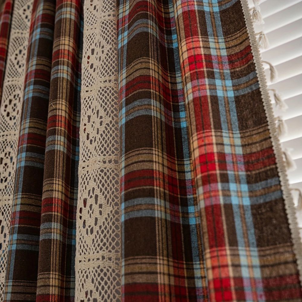 Tartan Crochet Lace Tassel Curtain | Vintage Plaid, Semi-Shade