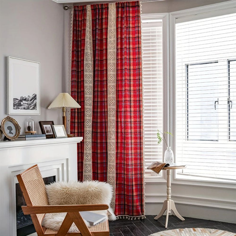 Tartan Crochet Lace Tassel Curtain | Vintage Plaid, Semi-Shade