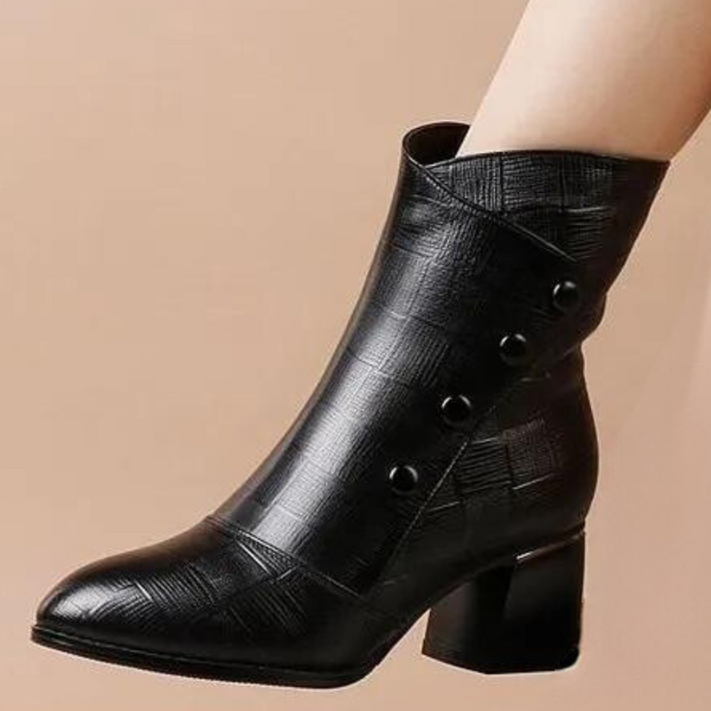 Quinn Women's Block Heel Ankle Boots | Faux Leather, Button