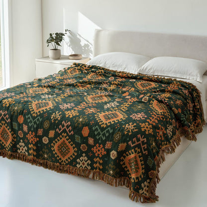 Tribal-Inspired Soft Geometric Fringe Blanket
