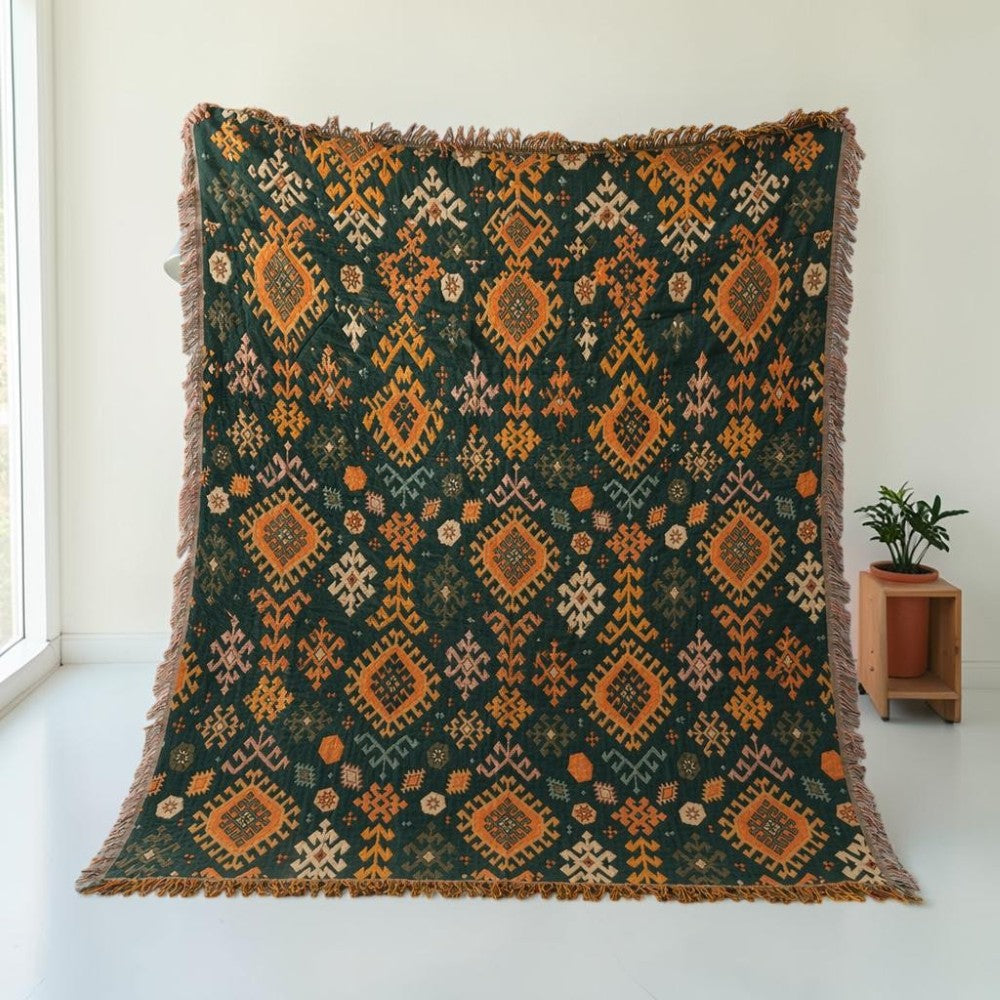 Tribal-Inspired Soft Geometric Fringe Blanket