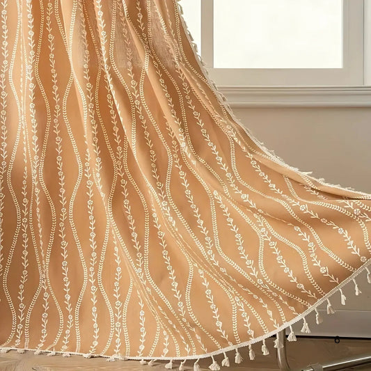 Wheat Pattern Beige Tassel Curtain | Embroidered, Country Style