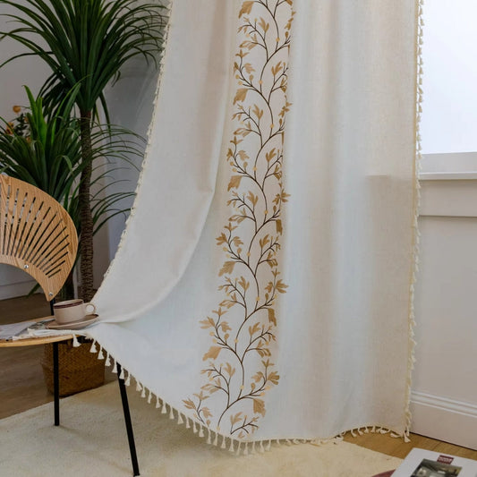 Willow Floral Elegance Tassel Curtain | Cotton-Linen Blend, Farmhouse