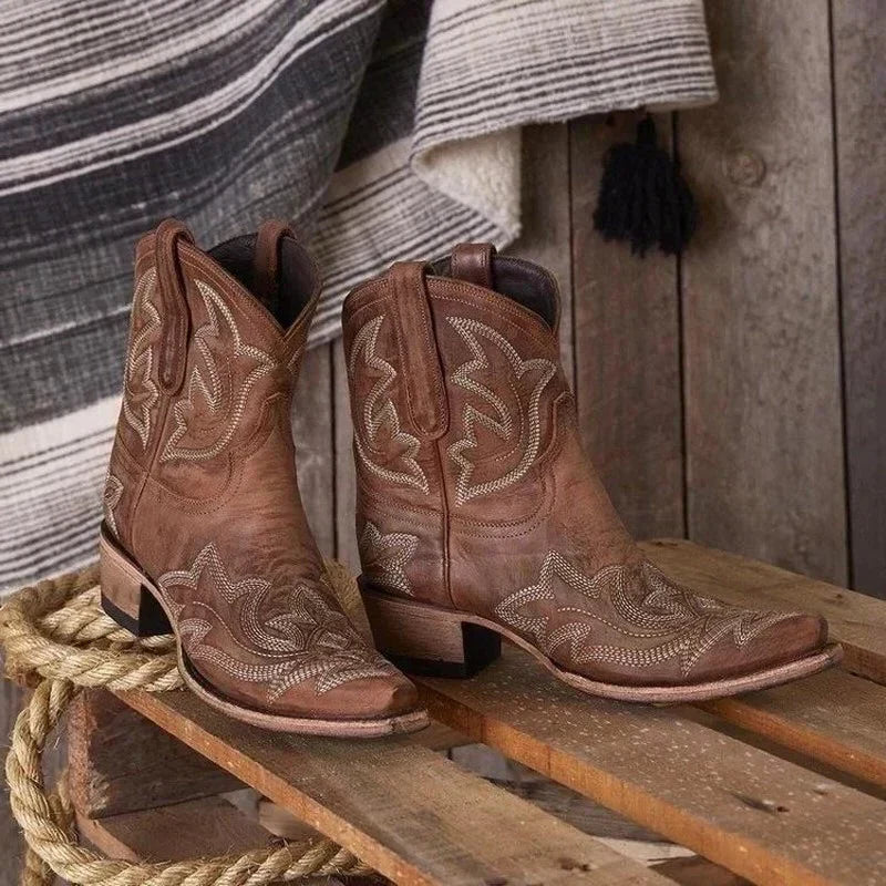 Cosima Women's Ankle Boots | Western, Embroidered, Stacked Heel