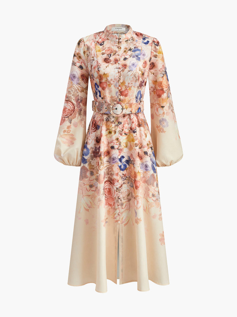 Faye Women's Floral Dress | Belted, Mock Neck, Long Sleeve