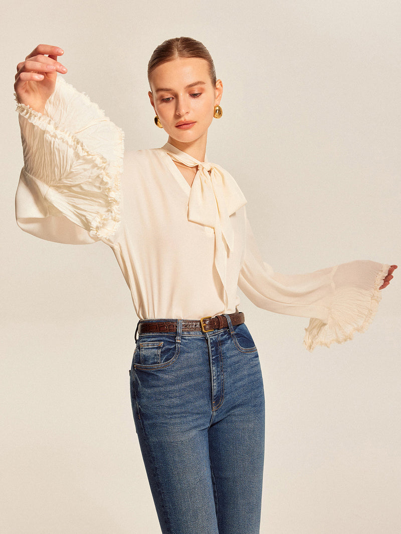 Cleo Women's Pleated Blouse | Bow, Chiffon, V-neck