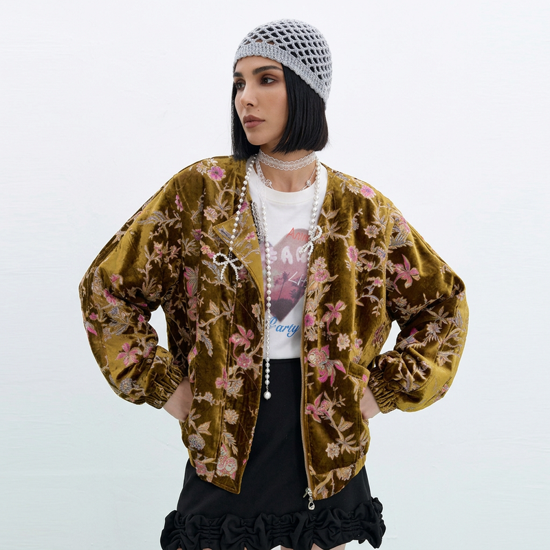 Evelyn Women's Winter Jacket | Gold Velvet, Vintage Style