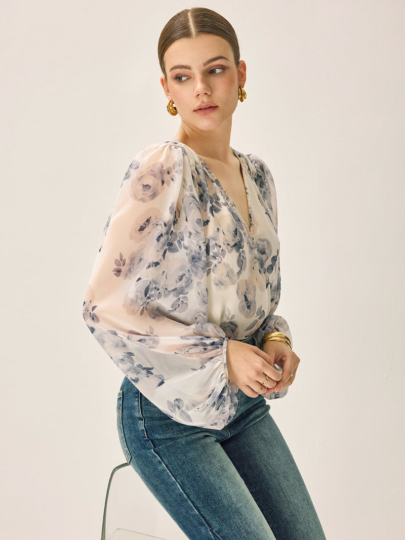 Violette Women's Oversized Blouse | Floral, Chiffon, V-neck