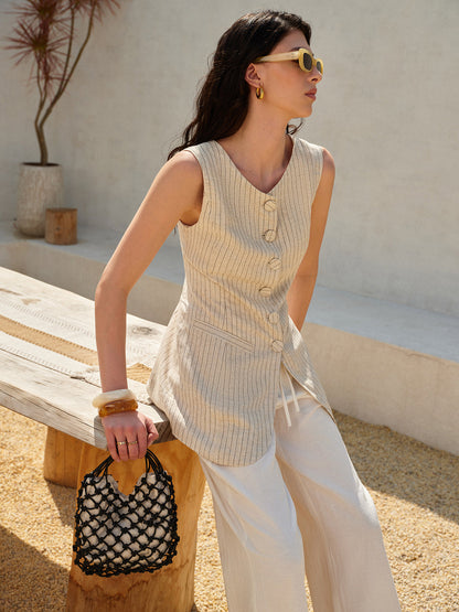 Rhea Women's Linen Vest - fabric and finish detail