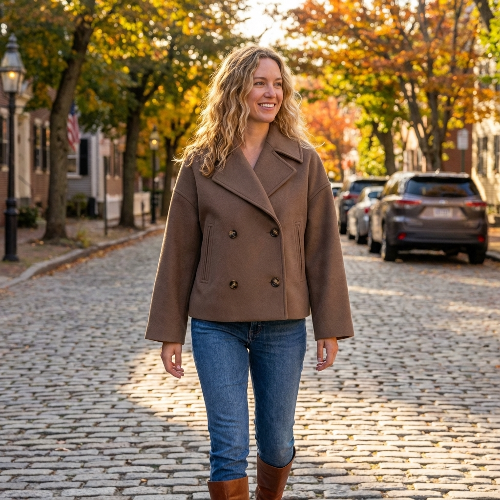 Marina Women’s Short Coat | Double-Breasted Front, Wide Lapel Collar