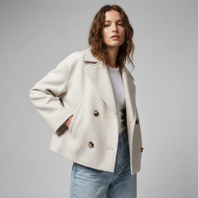 Marina Women’s Short Coat | Double-Breasted Front, Wide Lapel Collar