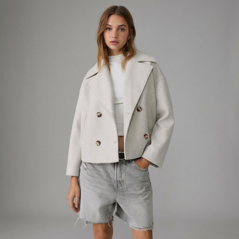 Marina Women’s Short Coat | Double-Breasted Front, Wide Lapel Collar