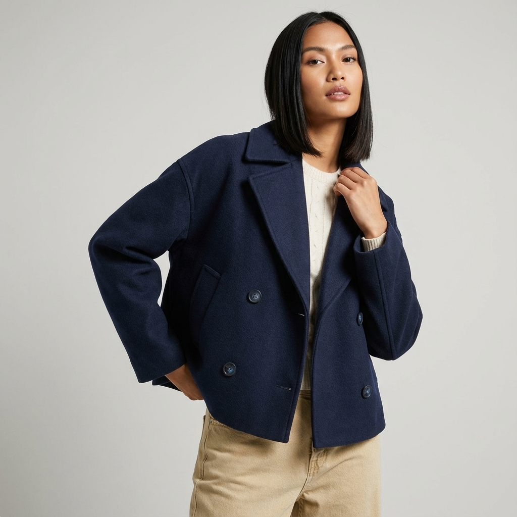 Marina Women’s Short Coat | Double-Breasted Front, Wide Lapel Collar