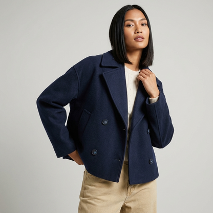 Marina Women’s Short Coat | Double-Breasted Front, Wide Lapel Collar