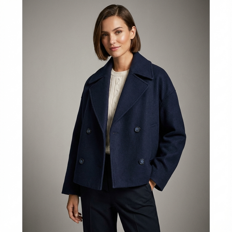 Marina Women’s Short Coat | Double-Breasted Front, Wide Lapel Collar
