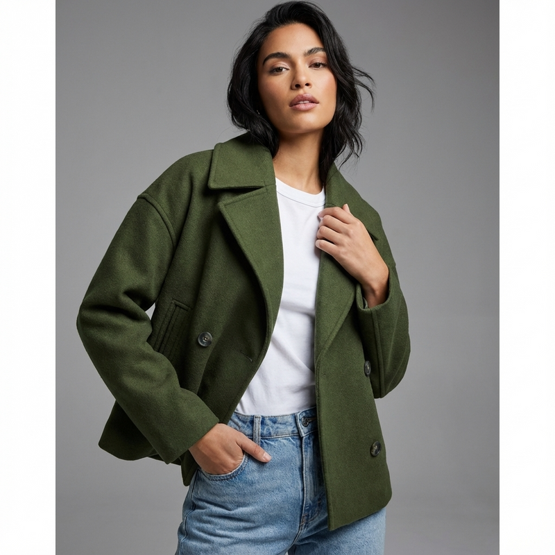 Marina Women’s Short Coat | Double-Breasted Front, Wide Lapel Collar