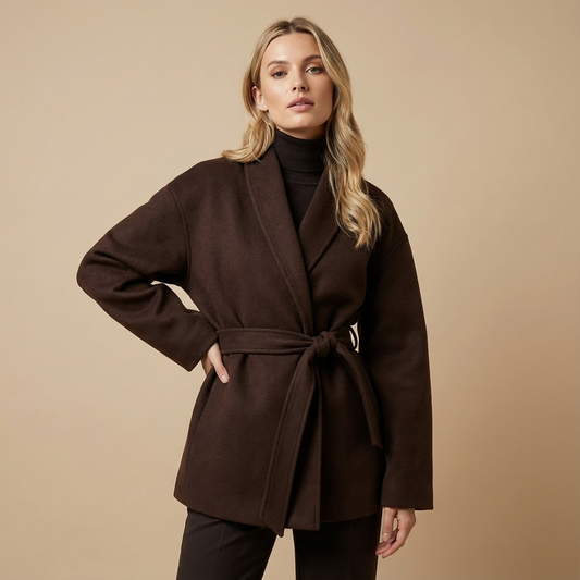 Serena Women’s Belted Wrap Coat | Shawl Collar, Short Length