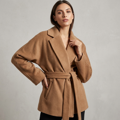 Maren Women's Belted Wrap Jacket | Camel Wool Texture, Notch Lapel Collar